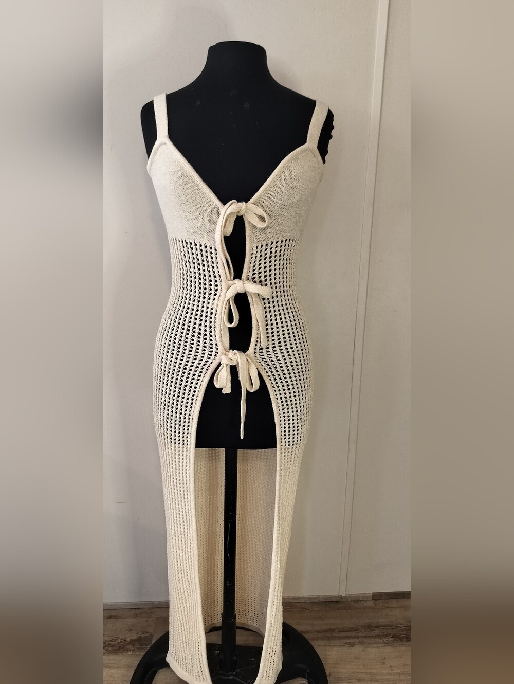 Open-Knit Tie-Front Maxi Cardigan Sweater in Cream